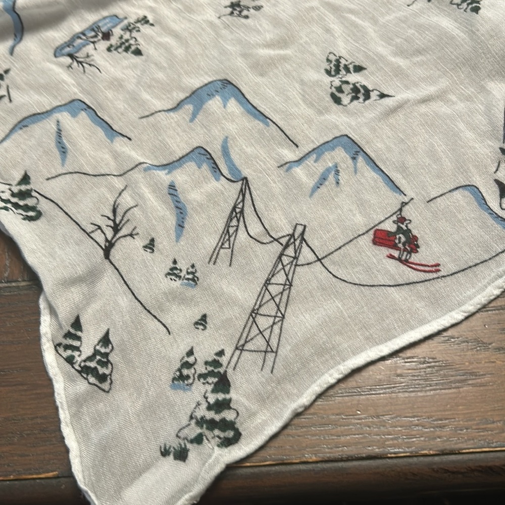 Lands End scarf.  100% Rayon.  42” square White background w/skiing cows. - Picture 3 of 6